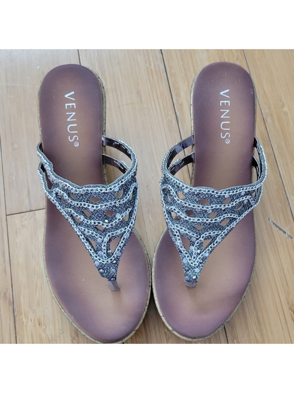 VENUS Women's Beaded Silver-Black Wedge Sandals